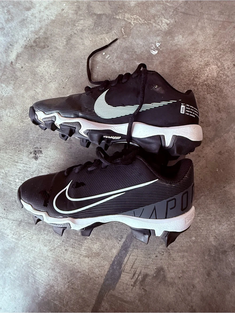 Nike Kids Black White Turf Cleats with Silver Swoosh